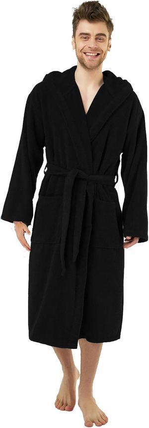Plush Black Hooded Robe for Men, Full Length, One Size Adult. Spa & Resort Sales