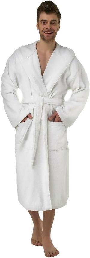 White Hooded Spa Robe for Men, One Size Adult. 48 inch Length. Spa & Resort Sales