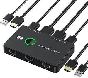 xiwai KVM Switch Selector USB 2.0 & HDMI 4K Dual PCs Sharing Monitor HDTV USB Port Keyboard Mouse Scanner Printer