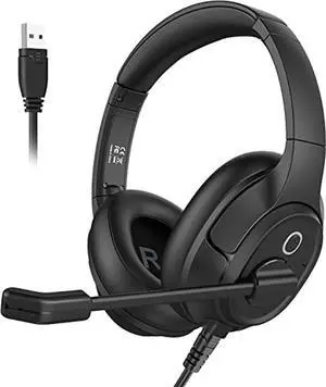Headset with Microphone for PC, USB Computer Headsets AI-Powered Environmental Noise Cancelling Headphone with Busylight, Mic Mute Boom & Volume Control, Wired Over-Ear Headset for Laptop/Work/Office