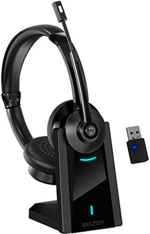 Bluetooth Headset with Noise Cancelling Mic and Charging Dock, Wireless Headphones with Mic, 2-Earpiece with Auto-Pair USB Dongle for PC/Laptop, Handsfree/Dual Connect/Mute, for Meet|Skype|Zoom|Teams