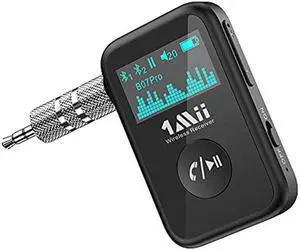 1Mii Aux to Bluetooth 5.0 Adapter 3.5mm Bluetooth Receiver for Car with OLED Display, 3.5mm Jack Kit with Volume Control Supports aptX-HD & Hands-Free Calls, 15H Battery Life