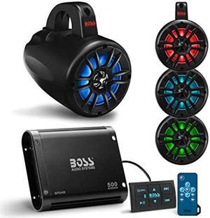 Boss Audio Systems UNI4RGB ATV UTV Marine Audio Stereo System Package - BPS4B 4 Channel Full Range Bluetooth Amplifier, 4 MRWT40 4 Inch Waketower Speakers, IPX5 Rated Weatherproof, Tweeters