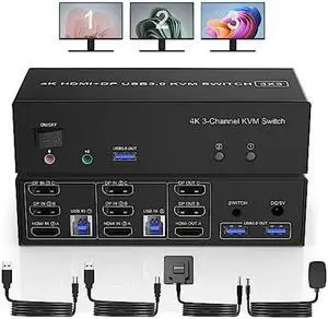 HDMI + 2 Displayport USB 3.0 KVM Switch Triple Monitor for 2 Computers, 4K@60Hz KVM Switch 2 Computers x 3 Monitors with Audio Microphone Output and 3 USB 3.0 Ports, Keyboard Mouse Switcher