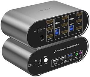 Terived 2 Comuters 3 HDMI Monitors KVM Switch 4K@60Hz, Hotkey Switching, Digital Display, EDID Triple Monitor switcher USB 3.0, Audio and Microphone, Aluminum Alloy Shell, HDR10 with Cables