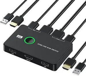 KVM Switch, USB and HDMI KVM Switches for 2 Computers Sharing Mouse Keyboard Printer to One HD Monitor, Supports 4K@60 Hz, 2 HDMI Cables and 2 USB Cables Included