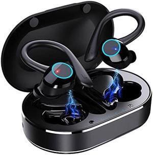 Ear hook Wireless Workout Earbuds, Bluetooth 5.1 Headphones, 28Hrs Playtime, HiFi Stereo, Sweatproof, Noise Cancelling, Lightweight, 500mAh battery, Ideal for Cycling, Sport, Running, Driving.,Black