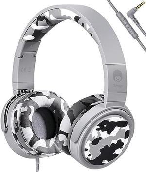 Rockpapa Camo Wired Headphones with Microphone, Lightweight Foldable Stereo Bass Headphones with No-Tangle Cord & 3.5mm Jack for Adult/Kid, Laptop Computer Airplane Chromebooks Grey Camouflage