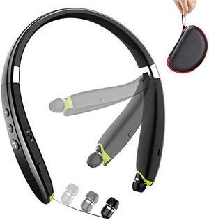 BEARTWO Bluetooth Headphones, Upgraded Foldable Wireless Neckband Headset with Retractable Earbuds, Noise Cancelling Stereo Earphones with Mic for Workout, Running, Driving (with Carry Case)