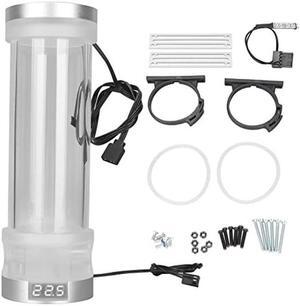 210mm Water Cooling Tank, G1/4 Acrylic Cylinder Water Reservoir with RGB Lighting, 300ML DIY Computer Water Cooling Pump with Temperature Display, Noise Reduction(Silver White Temperature Display)