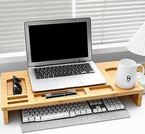 Bamboo Laptop Monitor Stand Riser - 23 Inch Wooden Desktop Storage Organizer Shelf for Computer Laptop Printer TV Cellphone Stand Desktop Monitor
