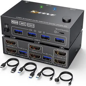 KVM Switch 2 Computers 2 Monitors, KCEVE Dual Monitor HDMI KVM Switcher USB 3.0 Version, 4K@60Hz HD Resolution, Support Copy and Extended Display, with EDID Function to Keep Window in Right Place