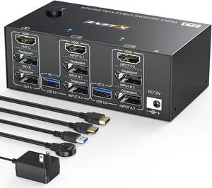 KVM Switch 3 Monitors 2 Computers, KCEVE USB 3.0 HDMI + DisplayPort 8K@30Hz/4k@144Hz Triple Monitor DP KVM Switcher for 2 Computer Share 3 Display and 4 USB 3.0 Devices, Wired Remote Included