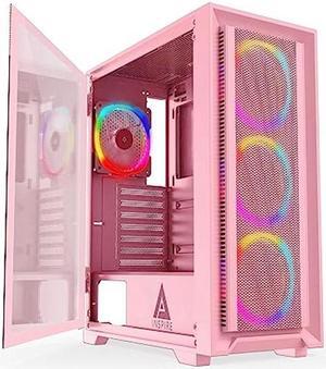 Apevia Inspire-PK Inspire Mid Tower ATX Gaming PC Case w/ 4X 120mm ARGB Fans, 366 RGB Light Modes, 1x Metal Mesh Airflow Front Panel, 1x Door Swivel Style Magnetic Glass Side Panel, 2X USB3.0, Pink