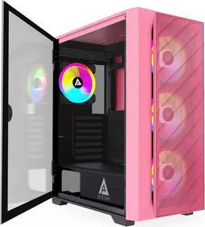 Apevia Destiny-MESH-PK Destiny Mesh Mid Tower Gaming PC Case w/ 4X 120mm ARGB Fans, 366 RGB Light Modes, 1x Metal Mesh Front Panel, 1x Door Swivel Style Magnetic Glass Side Panel, 2X USB3.0, Pink