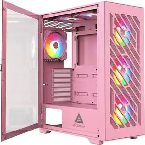 Apevia Evolution-PK Evolution Mid Tower Gaming PC Case w/ 6X 120mm PWM ARGB Fans, 366 RGB Light Modes, 1x Metal Plate Mesh Front Panel, 1x Door Swivel Style Magnetic Glass Side Panel, 2X USB3.0, Pink