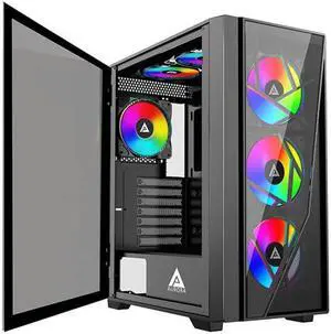 Apevia Aurora-BK Aurora Mid Tower Gaming PC Case w/ 6X 120mm PWM ARGB Fans, 366 RGB Light Modes, 1x Glass & Mesh Front Panel, 1x Door Swivel Style Magnetic Glass Side Panel, 2X USB3.0, Black