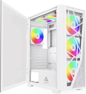 Apevia Aurora-WH Aurora Mid Tower Gaming PC Case w/ 6X 120mm PWM ARGB Fans, 366 RGB Light Modes, 1x Glass & Mesh Front Panel, 1x Door Swivel Style Magnetic Glass Side Panel, 2X USB3.0, White...