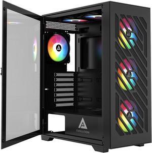 Apevia EVOLUTION-BK Evolution Mid Tower Gaming PC Case w/ 6x 120mm PWM ARGB Fans, 366 RGB Light Modes, 1x Metal Plate Mesh Front Panel, 1x Door Swivel Style Magnetic Glass Side Panel, 2x USB3.0, Black
