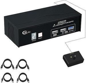 CKLau USB 3.0 2 Port Displayport KVM Switch 2 Monitor 2 Computers 4K60Hz 2K144Hz with Cables, DP 1.2 KVM Dual Monitor Keyboard Mouse Video Peripheral Switcher Box