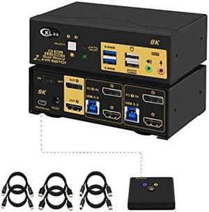 2 Port KVM Switch Dual Monitor USB 3.0 Displayport 1.4 + HDMI 2.1 Supports 8K@60Hz, 4K@144Hz with Audio Output and All Input Cables