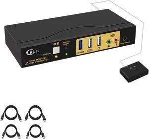 CKLau MST Displayport KVM Switch Dual Monitor 4K60Hz 2K@144Hz with Audio, Microphone, All Input Cables, and USB 3.0 Hub for 2 Computers Sharing 2 Monitors Supports Hot Key Switching, 1 DP in 2 DP Out