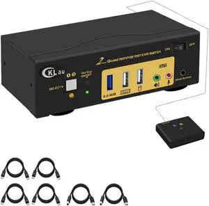 CKLau MST Displayport HDMI KVM Switch Quad Monitor, (2 DP In, 2 DP + 2 HDMI Out), 4K60Hz 2K144Hz 2 Computers 4 Monitors Switcher with Cables, Audio, Microphone and Hub Support Keyboard Mouse Switching