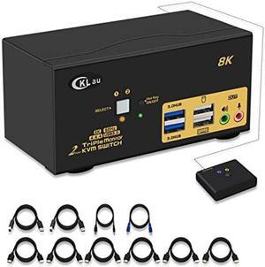 CKLau 2 Port USB 3.0 Triple Monitor KVM Switch HDMI 2.1 8K@60Hz 4K@144Hz with Audio Output and All Input Cable for 2 Computers 3 Monitors