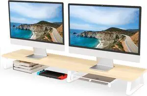Aothia Dual Monitor Stand Riser - Monitor Stand with Drawer,Monitor Stand For 2 Monitors, Desk Shelf For Monitor with Metal Legs, Wood Monitor Stand with Storage Organize For Pc,Laptop,Screen (Oak)