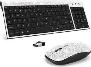 Dazzling Luxury Cute Keyboard and Mouse Wireless, Sparkly Bling Rhinestone Wireless Mouse and Keyboard Gift Set (Silver)