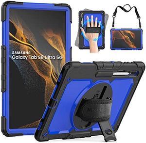 MLZYUE Case for Samsung Galaxy Tab S8 Ultra/S9 Ultra 14.6 Inch, 3-Layer Rugged Military Grade Shockproof Case for Tab S8 Ultra/S9 Ultra with 360deg Swivel Handle, S-Pen Holder, Shoulder Strap, Blue PC