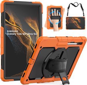 MLZYUE Case for Samsung Galaxy Tab S8 Ultra/S9 Ultra 14.6 Inch, 3-Layer Rugged Military Grade Shockproof Case for Tab S8 Ultra/S9 Ultra with 360deg Swivel Handle, S-Pen Holder, Shoulder Strap, Orange