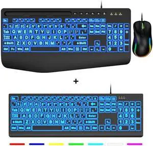 2PCS Wired Keyboard and 1PCS Mouse,Large Print Backlit Keyboard with 7-Color Backlit, Lighted Computer Keyboards Easy to See, Light Up USB Keyboard Mouse Combo for PC, Windows, Laptop