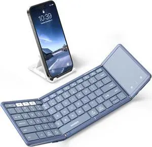 Samsers Foldable Bluetooth Keyboard with Touchpad, Full-Size Wireless Folding Keyboard with PU Leather, Portable Travel Keyboards for iOS Android Windows Mac OS, Support 3 Devices (BT5.1 x 3), Blue