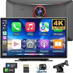 [Auto-Dimming Upgraded] Wireless Apple Carplay & Android Auto Screen for Car, 4K Dash Cam, 9'' Auto-Dimming Screen, Backup Camera, GPS Navigation Car Play Screen, Portable Car Stereo - by SEETATO