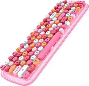 Wireless Bluetooth Keyboard,3 Devices Switchable, Typewriter Style,100-Key,Retro Round Keycaps,Universal Compatible with Bluetooth-Enabled Android/Windows/iOS/Chrome/iPhone/iPad/Laptop(pink)