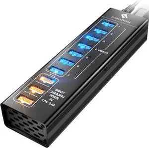 SmartDelux Powered USB Hub - USB 3.0 Ports Hub with 3 Smart Charging Ports, Power Adapter, Long Cord, LEDs (10-Port USB Hub)