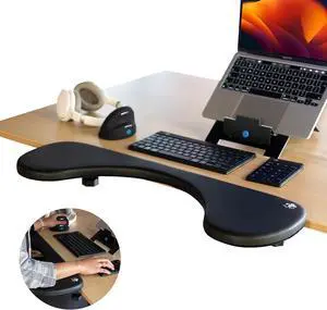 R-Go Arm Rest for Desk, Ergonomic Desk Extender Tray, Elbow & Wrist Supoort, Soft Sponge Built-in, Easy Typing Pain Relief, Punch-Free Clamp on, Black
