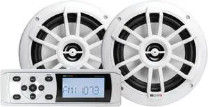 MB Quart Marine Boat Speakers with Bluetooth Source Unit (White)  6.5 Inch, 160 Watt Each, Marine Grade Waterproof, LCD Display, Set of 2 Speakers