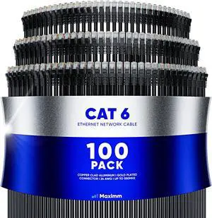 Maximm Cat 6 Ethernet Cable 2 ft (100-Pack) - High-Speed LAN Cable, Internet Cable, Patch Cable, and Network Cable - UTP, 10Gbps, 550MHz Ethernet Cord - Black