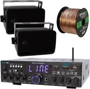 Pyle Wireless Bluetooth Stereo Amplifier-Multi-Channel 200W Amplifier Home Audio Receiver System Bundle Combo with 2x 3.5'' 3-Way Weather Proof Mini Black Box Speakers, 16 Gauge 50 Feet Speaker Wire