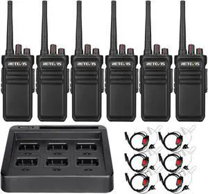 Retevis RB23 IP67 Waterproof Walkie Talkie, Long Range Two-Way Radio with Earphone and Microphone Set, 1800mAh, Rugged, with 6-Way Multi-Bank Charger for Commercial Warehouse Construction (6 Pack)