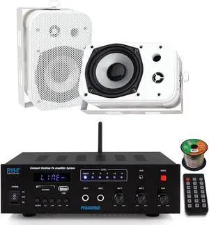 Pyle PFA600BU Compact Bluetooth USB AUX FM Radio Public Address Amplifier Receiver System Combo Bundle with 2X 5.25 400W Max Power Indoor/Outdoor White Waterproof Speakers, 16 Gauge Speaker Wire