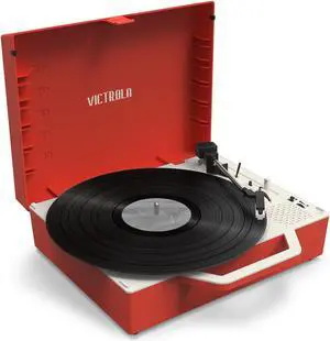 Victrola Re-Spin Sustainable Suitcase Vinyl Record Player, 3-Speed (33 1/3, 45 & 78 RPM), Belt-Driven Bluetooth Turn Table with Built-in Bass Radiator, 3.5mm Headphone Jack, Red
