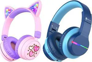 iClever Kids Bluetooth Headphones Bundles, LED Lights Up, Safe Volume Limited, USB C Charging, Wireless Kids Headphones AUX Cord for iPad Tablets School Travel