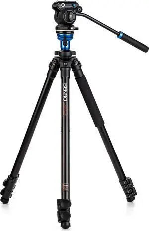 Benro Video Tripod with S2 PRO Flat Base Fluid Video Head, 5.5 lb Max, Leveling Center Column, Aluminum Legs, Flip Lock, Carrying Case (A1573FS2PRO)