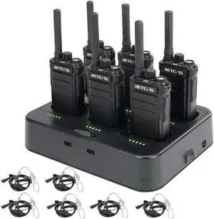 Retevis RB26 Walkie Talkies with Earpiece Set, GMRS Radio, Two Way Radio Long Range, 2000mAh Battery, Six Way Multi-Unit Charger, Repeater Capable, 2 Way Radio for School Manufacture Security (6 Pack)