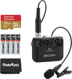 Zoom F2 Ultracompact Portable Field Recorder with Lavalier Microphone with Flash 32 GB Microsdhc Memory Card UHS-I Gold, Red and 4-pack AAA Alkaline Batteries plus Lens Cleaning Cloth
