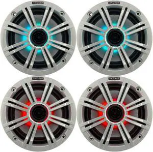 2- Pair (4-Speakers) Multi Color LED Lights Kicker 6.5" 195W Marine Audio Coaxial Stereo White Grills