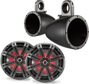 Kicker 8" BlackCharcoal Wake Tower LED Marine Speakers 1-Pair